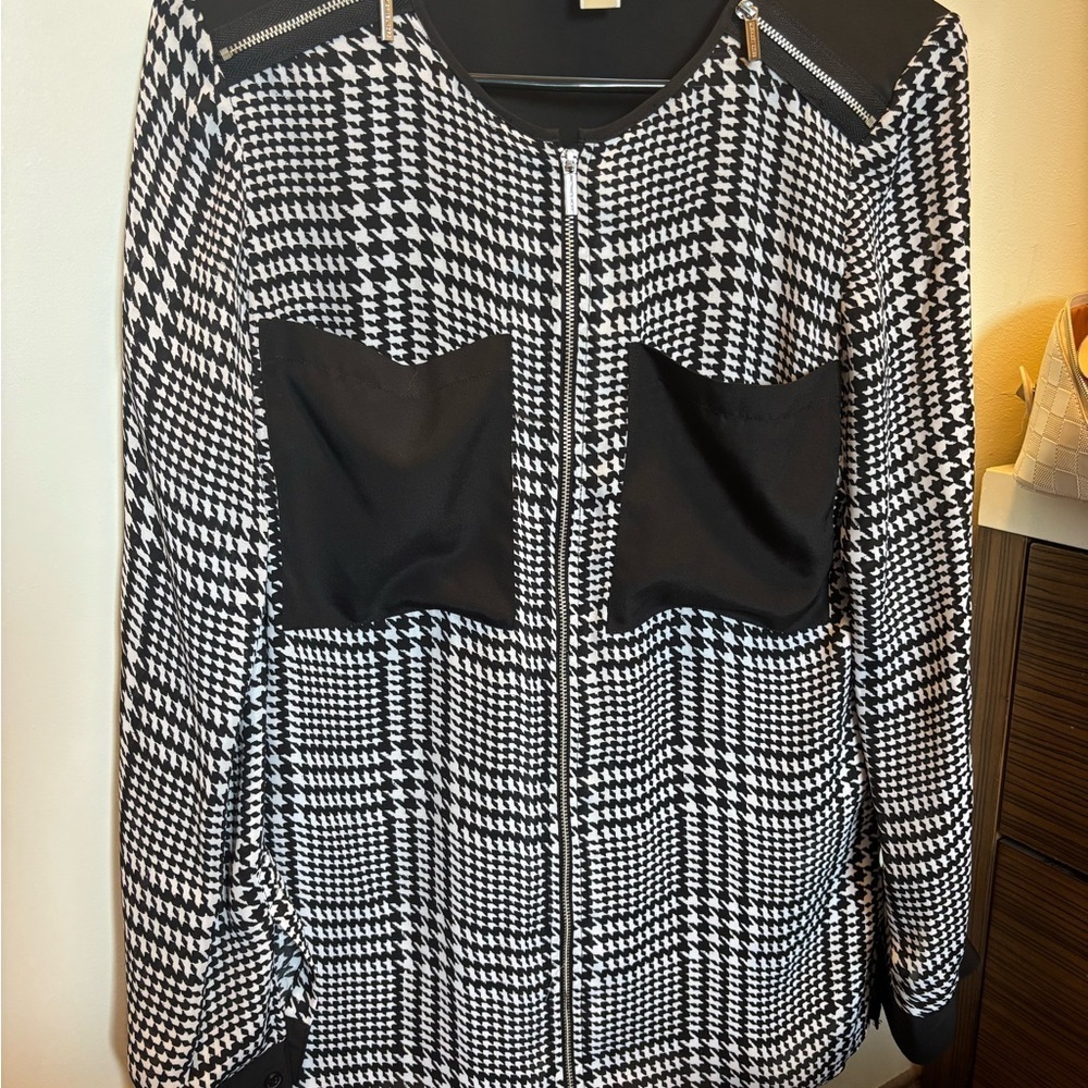 Michael Kors Women's Houndstooth Zip-Up Blouse